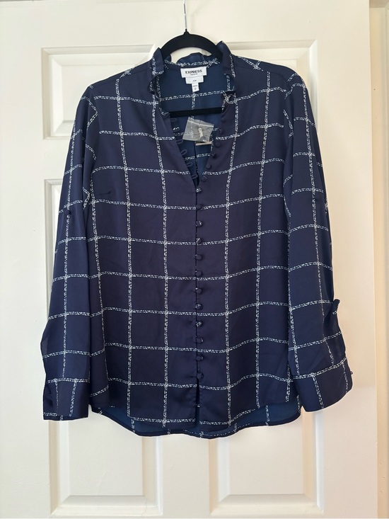 Express Tops - Express Portofino Shirt - L Slim - Navy Windowpane Plaid NWT Button Down Blouse